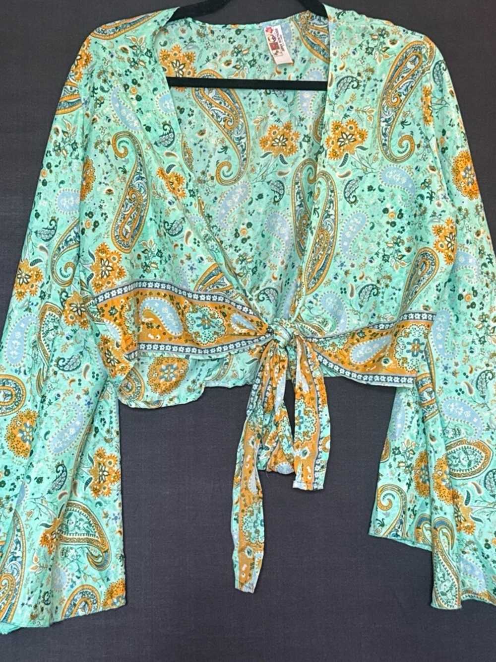 India Boutique Mint and Mustard Paisley Tie-Front Crop Top